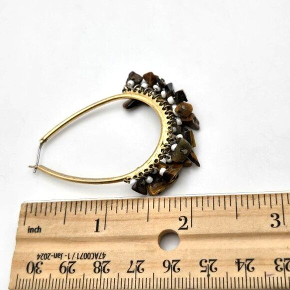 Goldtone Hoop Earrings with Tigers Eye Chips and White Seed Bead Fringe - Picture 5 of 5